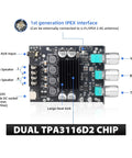 Two Channel 100W Per Side Amplifier Board For DIY Wireless Speakers With Treble And Bass Control DC Nine To Twenty Four Volt Bluetooth And AUX Inputs Password Free Stereo Amp Board with dual TPA3116D2 chip and volume, bass, treble knobs visible.