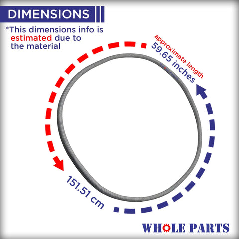 Upgraded Dryer Door Seal W10906683 Replacement Gasket 59.65 inch shown with dimensions