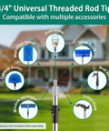 3/4 inch universal threaded rod tip with various compatible accessories displayed, including duster, brush, fruit picker