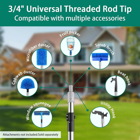 3/4 inch universal threaded rod tip with various compatible accessories displayed, including duster, brush, fruit picker