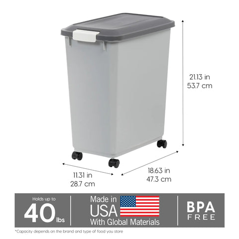 Portable 40Lb Pet Food Storage Bin With Wheels, Airtight Lid, Built In Scoop In Lid, BPA Free, Durable Gray Dog Food Organizer.