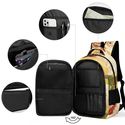 Scarf Horned Ram Print Unisex Backpack with large capacity, showing multiple interior compartments and organization pockets.