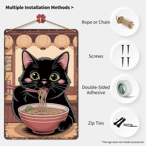 Retro Style Cat Eating Ramen Metal Sign 8x12 Inch Tin Sign Poster with installation methods.
