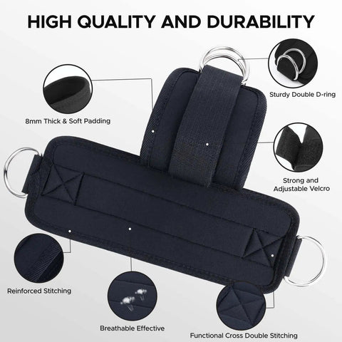 Pro Level Ankle Strap For Cable Machine With Thick Breathable Padding Tailored For Beast Mode Leg Day Booty Work And Hamstring Curls Black showing 8mm padding and D-ring details.