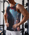 Premium Lightweight Men Workout Tank Top Featuring Dope Dragon Print Artwork in gym setting, showcasing flexible fit for workouts.