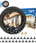 Outdoor Patio Misting System For Cooling Your Yard 75 Ft 23 M Kit with brass nozzles and T-shaped tees, boxed and displayed