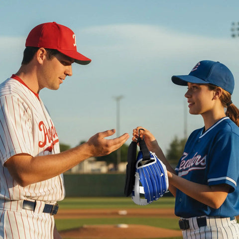 Two players with Two Pack Adjustable Baseball Glove Clips For Hanging Gear And Drying Bags in a baseball field, black color.