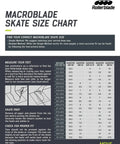 Macroblade skate size chart showing foot length and suggested sizes for Macroblade 90 Fitness Inline Skates For Men With High Cuff Lateral Support For Stability While Training And Skating Faster Orion Blue Spicy Orange Performance Inline Skates For Speed Endurance And Everyday Cruising.