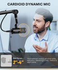 Man using XLR Dynamic Podcast Microphone With Cardioid Pickup in home studio setup, visible pop filter and stand.