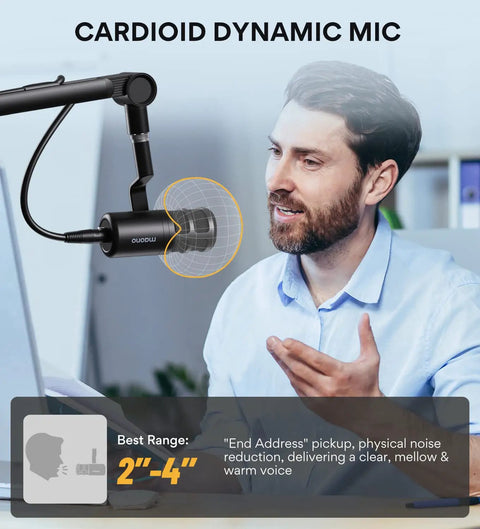 Man using XLR Dynamic Podcast Microphone With Cardioid Pickup in home studio setup, visible pop filter and stand.