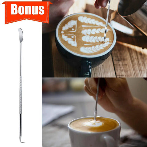 Milk Frothing Pitcher Set 12 Oz 20 Oz 32 Oz Stainless Steel Espresso Steaming Pitchers for Pro Grade Latte Art Cappuccino Barista Tools Milk Jug Cup with Decorating Pen for Consistent Foam and Velvet Microfoam Easy Pour with latte art in progress.
