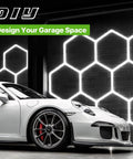Hexagon Garage Light Fixture With 3 Level Dimmable Brightness, 322W Power, installed in a garage with car
