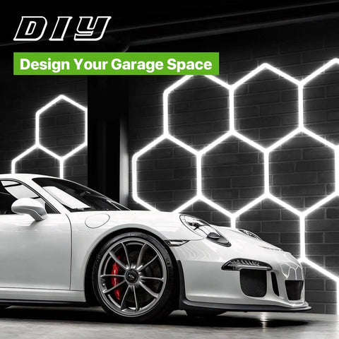 Hexagon Garage Light System With 22 Grids 3 Level Dimmable 581W 63910LM LED Hexagonal Shop Light illuminating a sports car