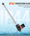 Linear actuator 12V, 16-inch stroke with mounting bracket; silver aluminum body, IP44 protection, side view
