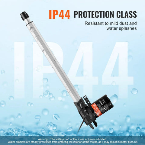 Linear actuator 12V, 16-inch stroke with mounting bracket; silver aluminum body, IP44 protection, side view