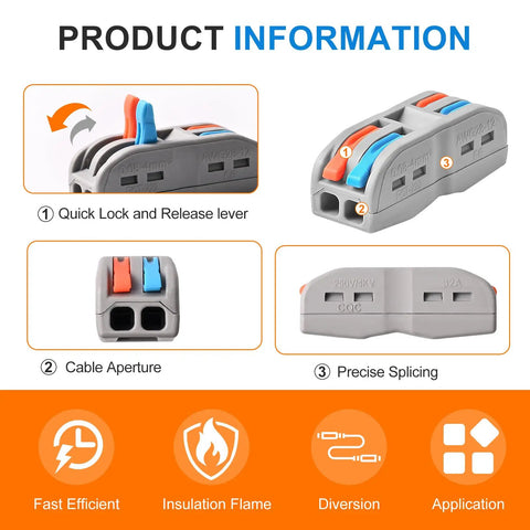 Lever Nut Wire Connectors Kit 50Pcs 2 Conductor 2 In 2 Out Inline Splices For 28 12 AWG showcasing features and parts