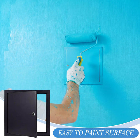 Heavy Duty Aluminum Access Panel For Drywall With Hinged Black Finish 12 By 12 Inch being painted blue with a roller.
