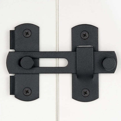 Matte black stainless steel barn door latch installed on door, focus on lock mechanism, 3.93 by 2.75 inches, corrosion-resistant design