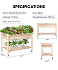 Elevated Wooden Raised Garden Bed On Wheels With Storage Shelf And Protective Liner Outdoor Planter Box Measures 46 By 24 By 32 Inches Ready To Roll Heavy Duty Lockable Wheels Easy To Move Great For Small Yard with dimensions and weight capacity shown.