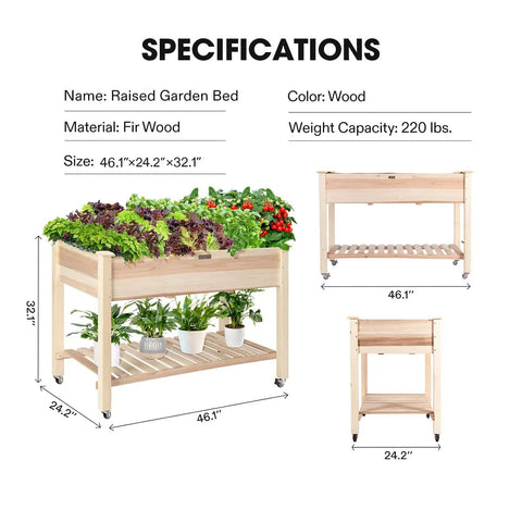 Elevated Wooden Raised Garden Bed On Wheels With Storage Shelf And Protective Liner Outdoor Planter Box Measures 46 By 24 By 32 Inches Ready To Roll Heavy Duty Lockable Wheels Easy To Move Great For Small Yard with dimensions and weight capacity shown.