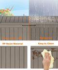 90 Gallon Resin Deck Box With Locking Lid For Outdoor Storage showing waterproof and UV-resistant features, easy to clean.