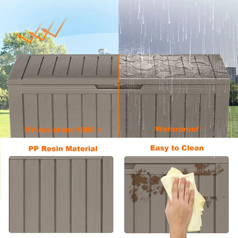 90 Gallon Resin Deck Box With Locking Lid For Outdoor Storage showing waterproof and UV-resistant features, easy to clean.