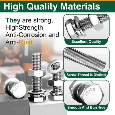 Massive 182Piece M6 Nuts And Bolts Kit With A2-70 Stainless Steel Hex Head Cap Screws close-up view