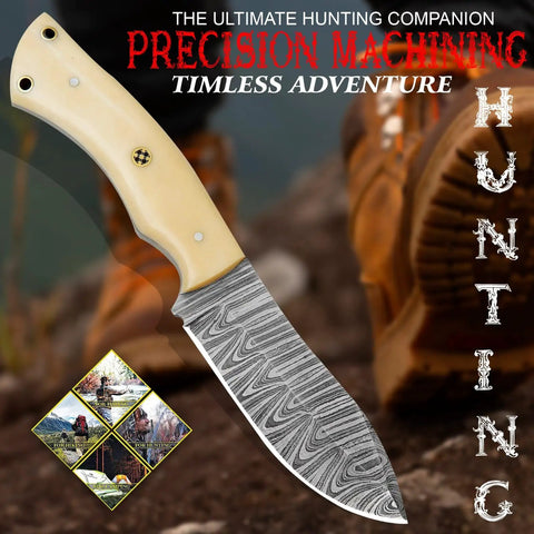 Handmade Damascus Hunting Knife With Cream Bone Handle Fixed Blade Outdoor Utility Tool For Camping And Survival