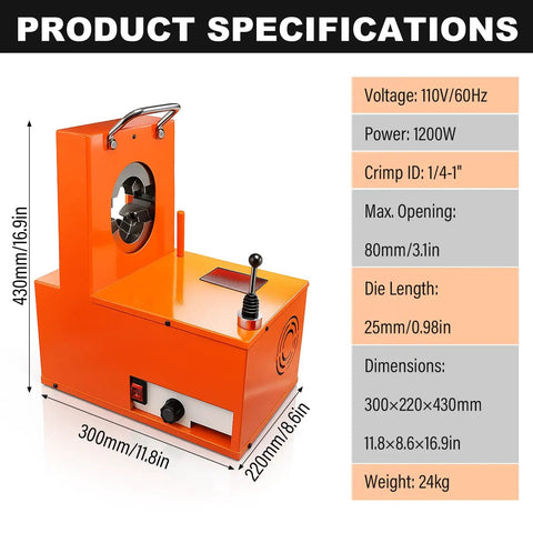 Heavy Duty Electric Hydraulic Hose Crimper For Auto And AC Lines 1200 Watt 110 Volt with detailed specifications displayed.