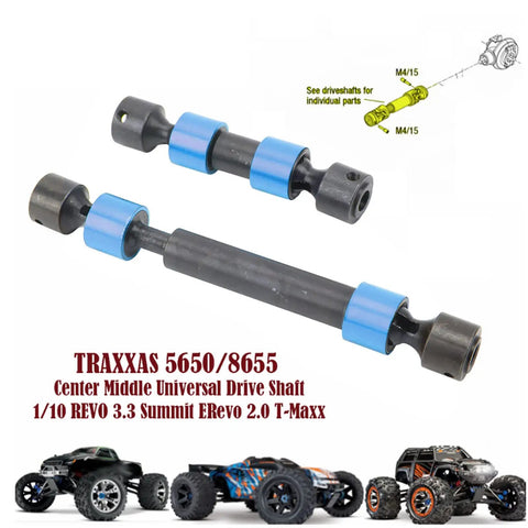 Traxxas Compatible Center Drive Shaft Splined Universal Steel CVD Driveshaft For REVO 3.3 Summit E REVO 2.0 T MAXX RC Cars Adjustable Front 3.11 To 3.62 Inches And Rear 5.08 To 6.3 Inches High Performance Drivetrain Upgrade Blue, blue steel RC drive shafts