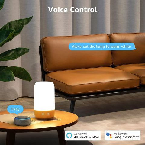 Smart Bedside Lamp With Alexa And Google Assistant, RGB Color Changing LED, on a table in a living room, voice control in use