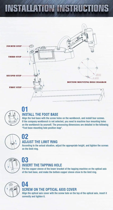 Installation instructions for Top Shelf Electric Flexible Arm Tapping Machine with detailed steps for setup and adjustment.