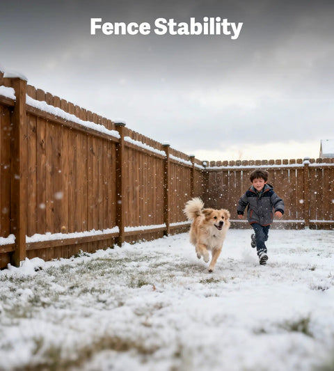 Wooden fence stability in snowy backyard with a child and a dog running, illustrating durable outdoor construction.