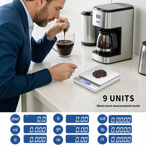Person using Ultra Precise Mini Digital Kitchen Scale for coffee beans with backlit LCD and tare function, 9 units display.