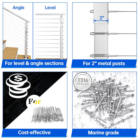Images of 60 Pack One Eighth Inch Cable Railing Hardware Kit With Hand Swage Threaded Stud Tensioners For 2x2 Metal Posts Stainless Steel Deck Cable Railing System CR23 Easy Setup Beefy Build Weatherproof Kit For Outdoor Balustrade showing level and angle installation, 2 inch metal post fit, stainless steel tensioners and marine grade material.