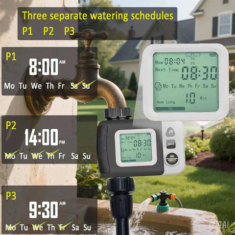 Smart Sprinkler Timer For Garden Hose Automatic Watering System With Rain Delay displaying schedules P1, P2, P3