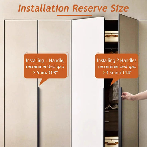 Installation guide for Long Aluminum Cabinet Edge Pull Handle For Kitchen Cabinets And Wardrobes, showing gap recommendations.