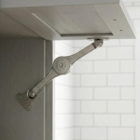 Six Pack Soft Close Lid Hinges With Hex Wrench Folding Lid Stay Hinge For Cabinets Wardrobes And Wooden Boxes Sturdy Zinc Alloy Construction Rust Resistant And Quiet Closure installed inside a cabinet.