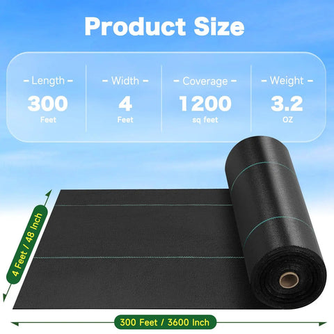 Heavy Duty Weed Barrier Landscape Fabric 4 Ft By 300 Ft 3.2 Oz Permeable Ground Cover, black roll with product dimensions