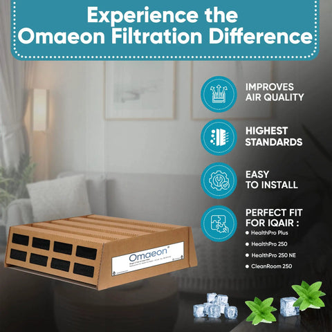 Experience the Omaeon Filtration Difference with Carbon Activated Air Purifier Replacement Filter For IQAir HealthPro Series V5 Cell Odor Filter Easy Fit Compatible With HealthPro Plus 250 250NE CleanRoom 250 And 102 Series Models Not For HealthPro Compact in a stylish living room setting.