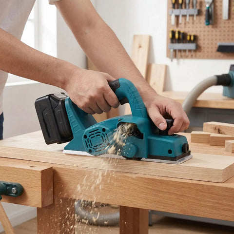 Heavy Duty Cordless Hand Planer With A Beefy 15000 RPM Brushless Motor, Slick Two Millimeter Cut Depth, And Tough Carbide Blades For Fast Wood Surfacing in use on wood.
