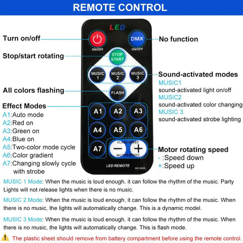 Remote control for Sound Activated DJ Light With Colorful LED Strobe Beams, detailing modes and effects for parties and events.