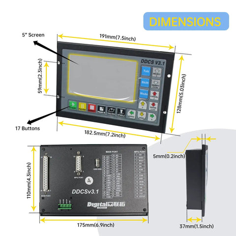Dimensions and design of the 4 Axis Offline Standalone CNC Motion Controller System DDCSV31 with 5-inch screen and ports.