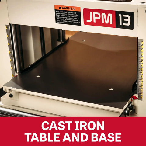 Heavy Duty 13 Inch Planer And Molder Combo For Woodworking Built Like A Tank One Point Five Horsepower Motor Three High Speed Steel Blades Rock Solid Feed System interior view of cast iron table and base