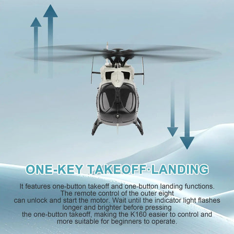 Front view of brushless RC helicopter with 6 axis gyro and altitude hold, one key takeoff landing, showing rotor blades in motion.