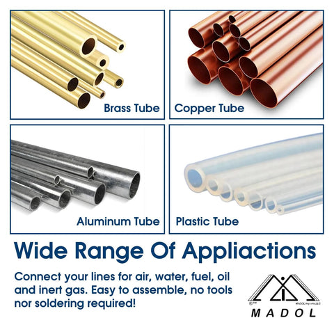 Brass compression ferrule sleeve for 5/8 in tube OD; collage shows brass, copper, aluminum and plastic tubes (MADOL).