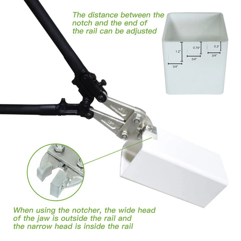 Vinyl Fence Notcher For Rails, Heavy Duty Rail Notcher With Three Quarter Inch Notch shown adjusting rail with precision