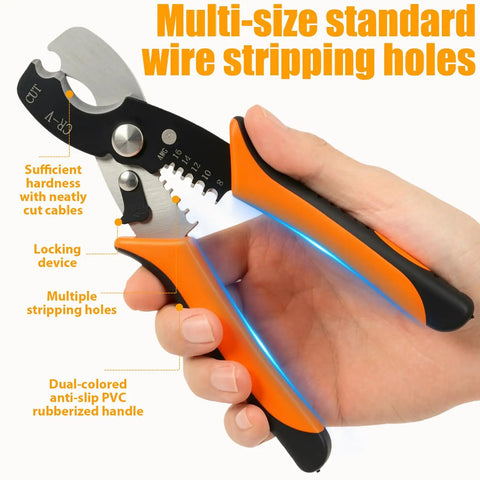 Heavy Duty Wire Stripper Cable Cutter With 45 Steel Body And Stainless Return Spring For Electricians Auto Opening Pliers Crimper Tool in hand showing multiple stripping holes.