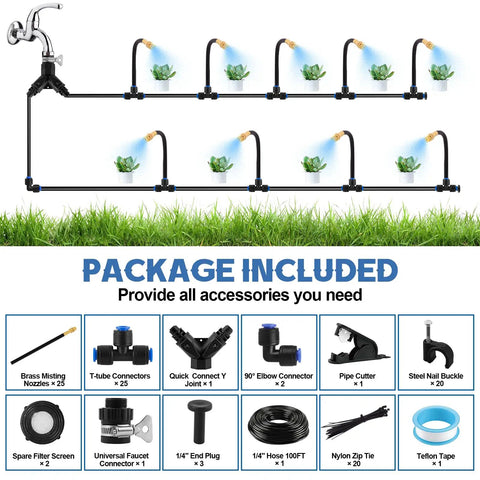 Outdoor Misting Cooling System Kit With 100 Ft Misting Line And 25 Brass 360 Degree Adjustable Nozzles, accessories displayed