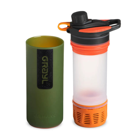 GeoPress 24 Oz Water Purifier Bottle For Hiking Camping Survival And Travel With Easy Fill Press To Drink Filter shown disassembled